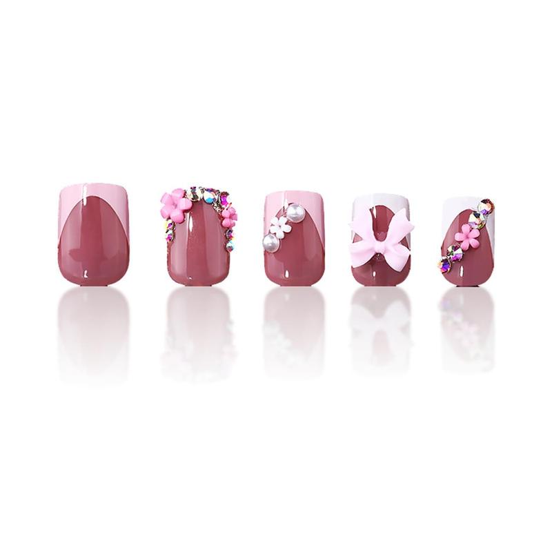 24pcs French Tip Press-On Nails - Short, Charms, Bow, Flower Design, Pink, Cute, Square Shape, Acrylic, Rhinestones