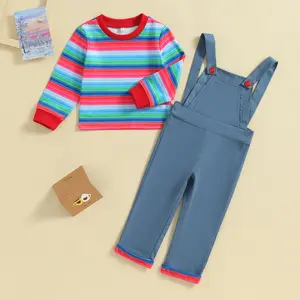 Baby 2Piece Fall Outfits Long Sleeve Striped Print Tops and Suspender Pants Set Toddler Cosplay Costume