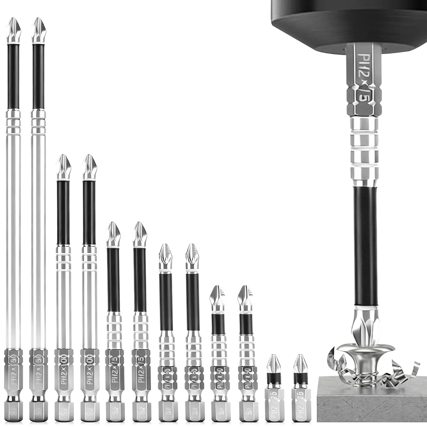 12 Piece Set S2 Steel Magnetic Hex Shank Bits H6 (6mm) 1/4 Inch (6.35mm), 6 Sizes, Home Industrial Universal Furniture Assembly Car Repair Tool Hardware Screwdriver Bits Driver Bit Set