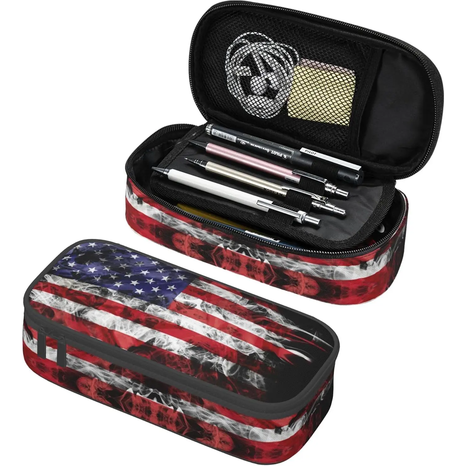 L-PCB023 Kids Pencil Case for Boys Girls, Usa Flag Style Pencil Pouch Big Capacity Black Portable Pencil Box Stationery Storage Desk Pen Bag for School Office