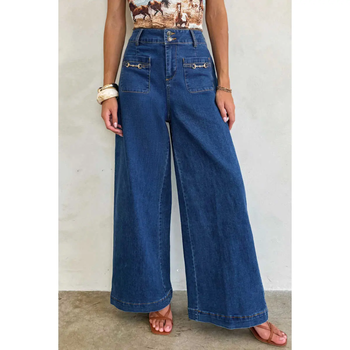 Women's Low-Rise Wide Leg Cotton Elastane Denim Jeans - Patchwork Pockets, Embellished Hardware, Modern Streetwear, Everyday Bottoms Pants Clothes