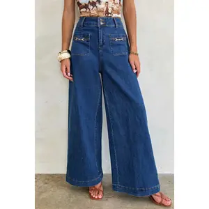 Sail Blue Hardware Decor Patched Pockets Wide Leg Denim Pants