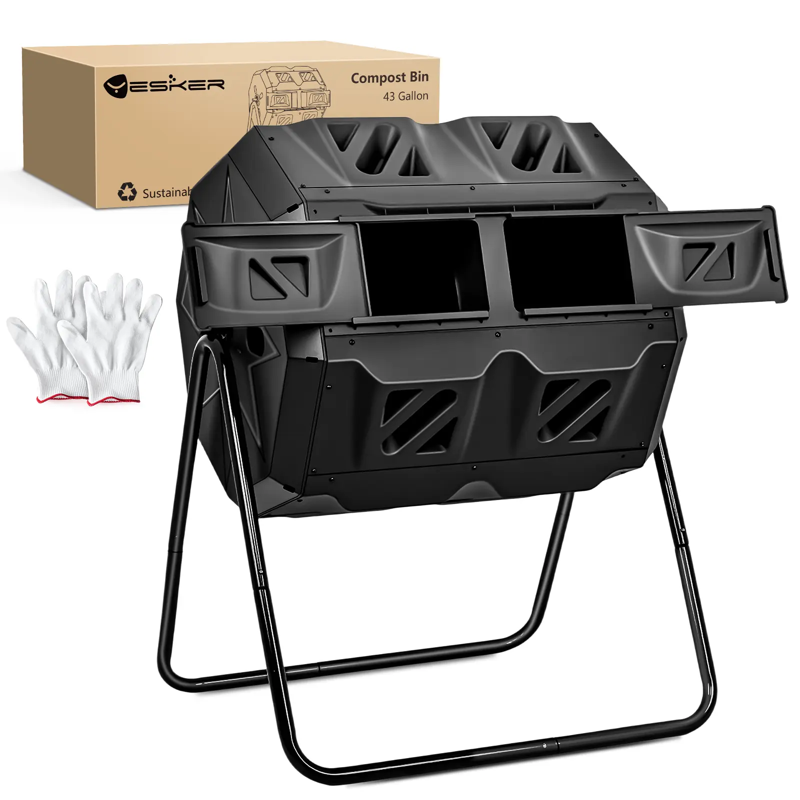 Yesker Dual Chamber Compost Bin Outdoor, 43 Gallon Rotating Tumbling Composter with Sliding Doors, Fast Assembly for Garden, Backyard & Kitchen Waste