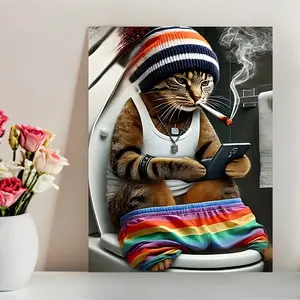 1pc Wooden Frame Painting Funny Cat with Phone and Cigarette Canvas Print Poster, Quirky Wall Decoration Poster, Unique Creative Wall Art Decoration, Living Room, Bedroom, Office, Restaurant, Bar Wall Decoration, Waterproof, Printed, Artwork, Perfect Gift