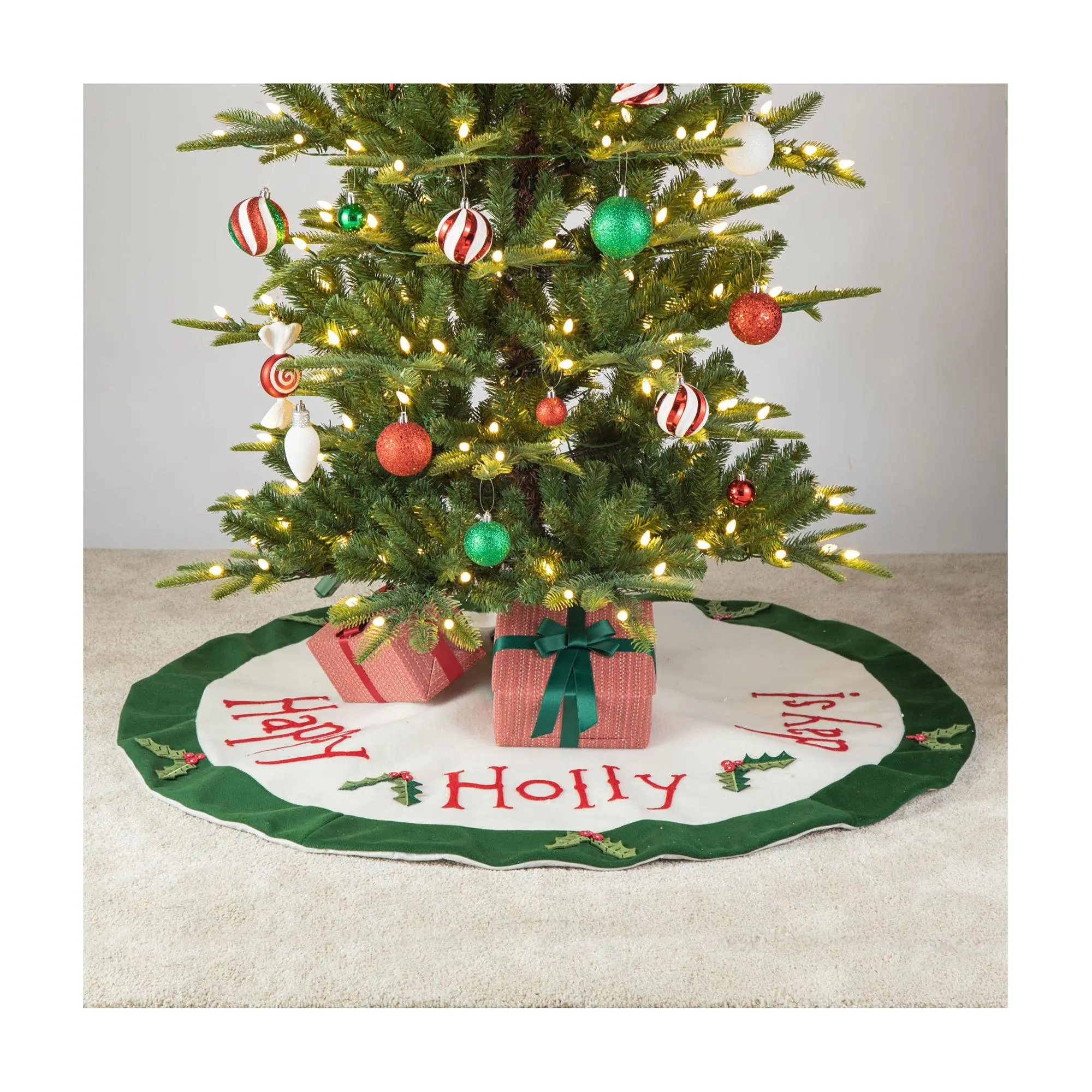 Glitzhome 48" Christmas Dimensional Holly Leaves Tree Skirt
