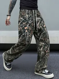 New Branch Pattern Print Sweatpants, Loose Straight Leg Pants, Drawstring Waist, Pockets, Casual Sport Long Pants, Outdoor Sports Pants for Outdoor Activities