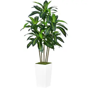 Artificial Dracaena Tree 5FT - Faux Tree with White Tall Planter -  Tropical Yucca Floor  in Pot - Artificial Silk Tree for Home Office Living Room Decor Indoor