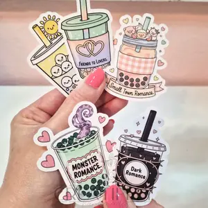 Boba Drinks Book Tropes Reading Book Lover - Waterproof Glitter or Glossy Stickers 2.75" Size Customizable for Kindle Book or Tablet Durable Stylish Design