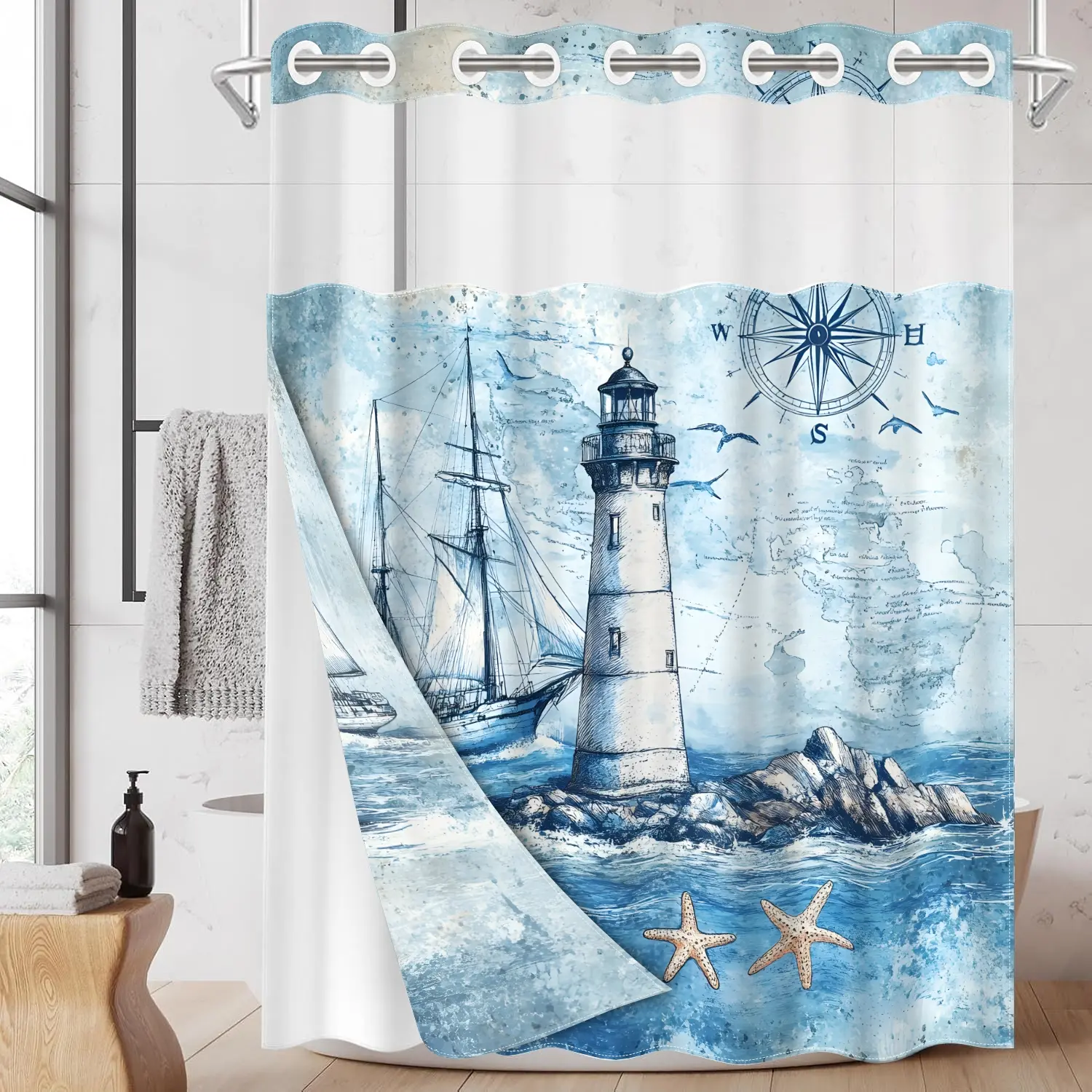 1PC 2D Flat Lighthouse Ship Starfish Pattern Double-Layer Woven Aesthetic Decorative Shower Curtain (No Hooks), Transparent Top Window, Removable Liner with Clips, Home Bathroom Partition Art Decoration, Bathroom Decor, Bathroom Decorations