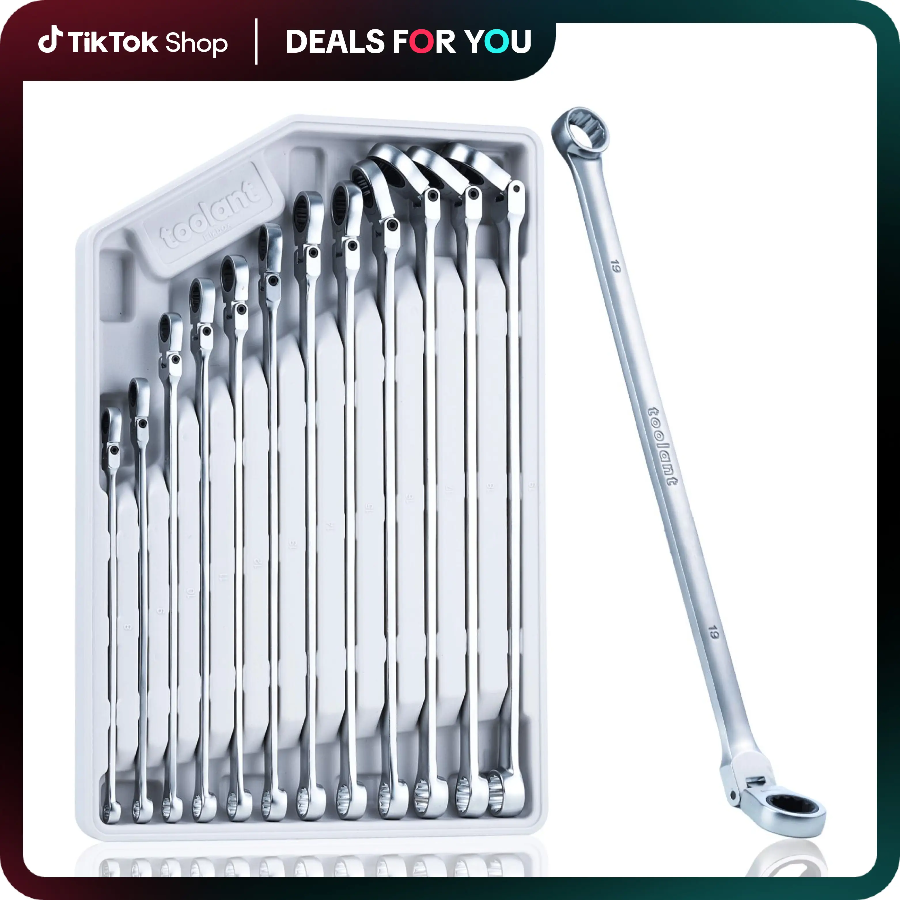 toolant Extra Long Ratcheting Wrench Set, Flex Head & Fixed Offset Head Double Box End Combination, CR-V Steel