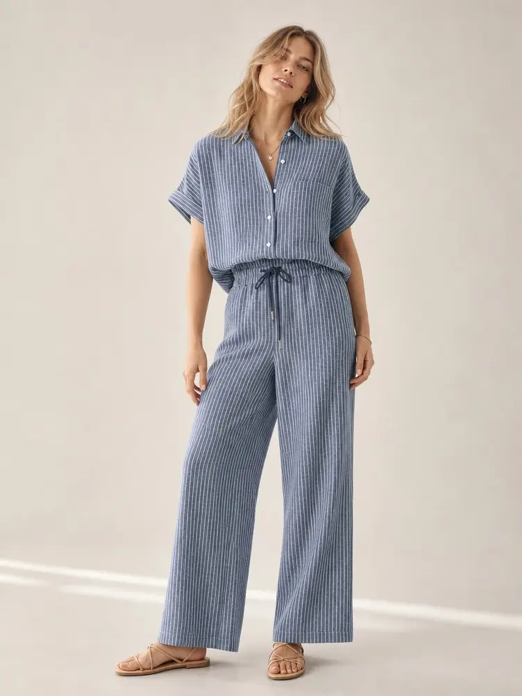 Women's 2-Piece Casual Striped Suit - Lapel Short-Sleeve Button Blouse, Drawstring Straight Trousers - Comfortable Daily Loungewear for Summer Outdoor Activities, Weekend Use