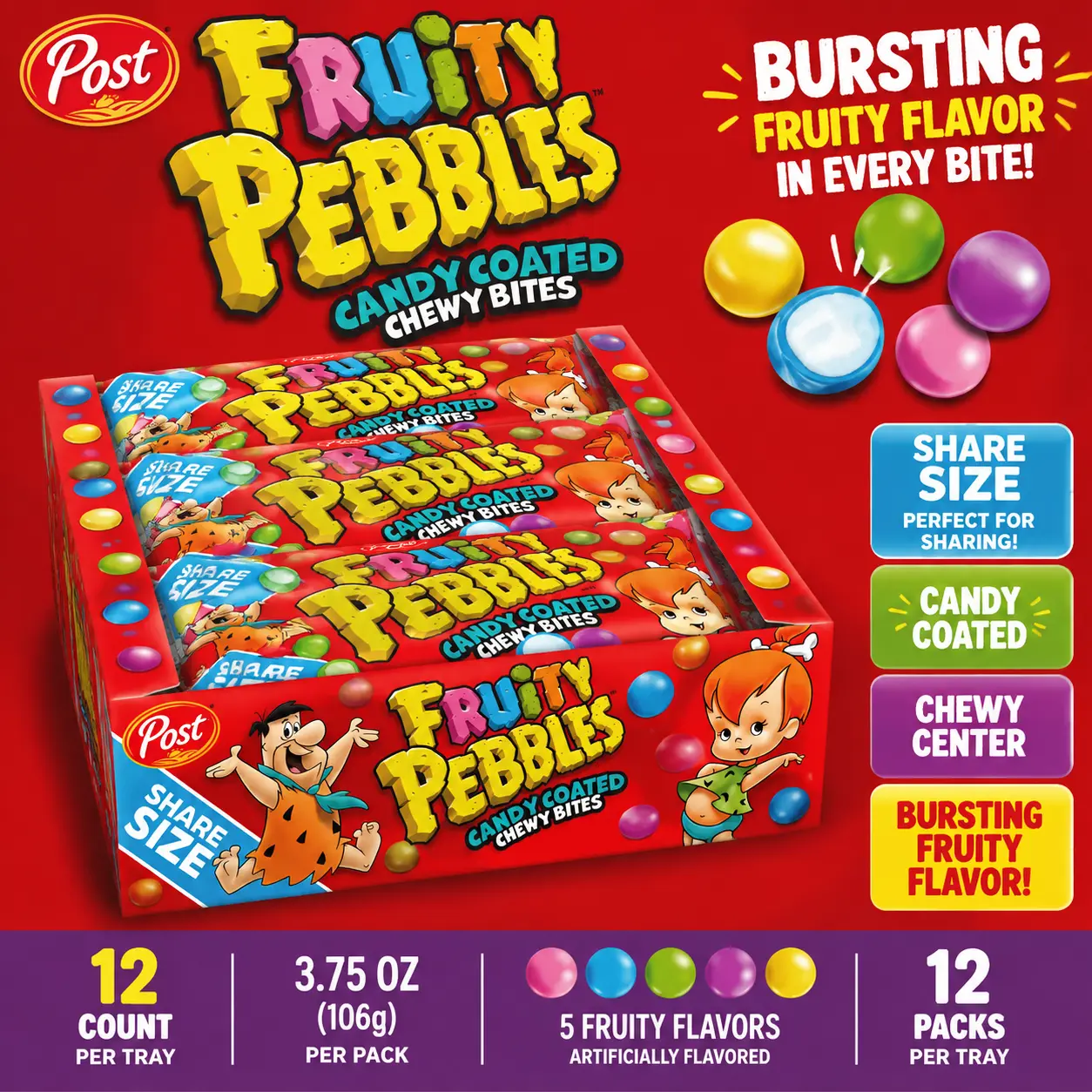Fruity Pebbles Chew Bites 3.75 oz 12 Count  Fruity Cereal Inspired Candy Bites | Share Size Snack Packs for Parties & Treats
