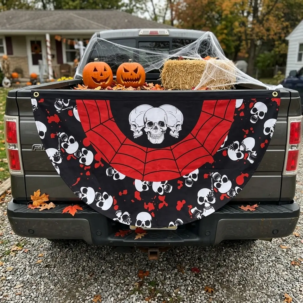 Gothic Skull Halloween Pleated Fan Semicircular Flag | Creepy Red Spiderweb Yard Bunting Banner