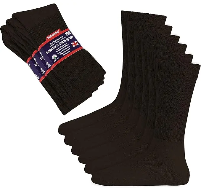 DIAMOND STAR Unisex 3 Pairs Diabetic Blood Circulation Socks, Non-Binding Cushion Cotton Crew Socks, Moisture-Wicking, Supportive, Machine-Washable (Size 10-13, Brown)