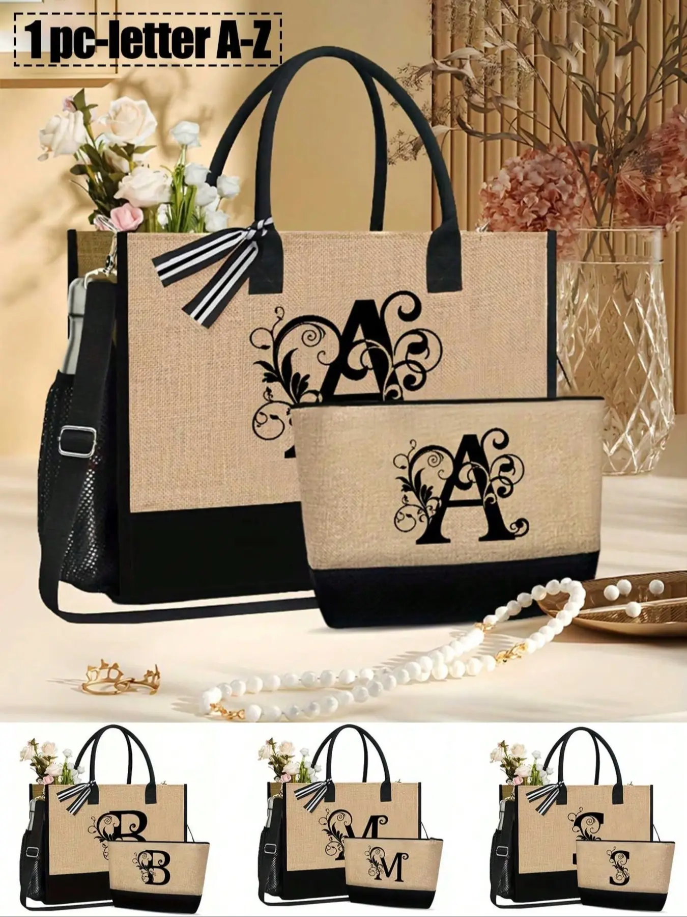 Black Flower Lettera-Z,Senior Black Flax Initial Canvas Tote Bags,Aesthetic Tote Bag,Favorite Tote Bag,Personalized Birthday Gift For Women,Cosmetic Bag, Coin Purse, Handbag, Shopping Bag