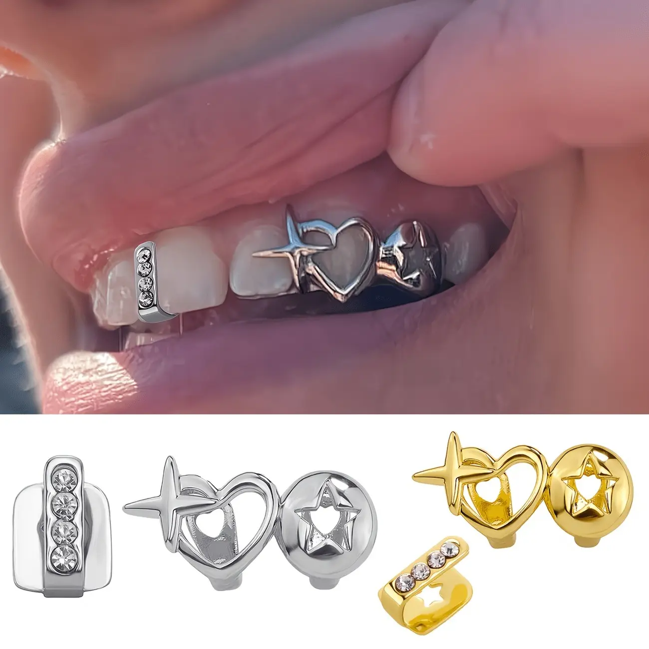 [Halloween] 2pcs Set of Star Heart Inlaid Hip-Hop Tooth Cap Hollow Design Individual Style Tooth Jewelry Unisex Music Festival Party Rap Halloween Dress-Up Additions