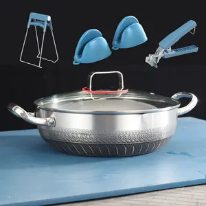 5pcs Dual Ear Honeycomb Cookware Set, Thick Stainless Steel Soup Pot Lid, Includes Bowl Scoop, Clip Plate, Handle Gripper, Kitchen Cooking Tools