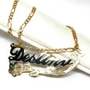 10k Solid Gold Custom CURSIVE ROSE & STEM Nameplate Pendant Necklace with Chain Options