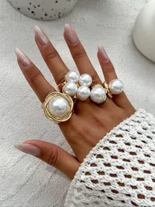 Elegant Bohemian Style Women's Pearl Ring Set, Stackable Rings, Zinc Alloy Chain, All Season Jewelry Gift, Perfect for Daily Wear and Parties
