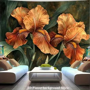 2D Flat Autumn Floral Flower Tapestry Wallpaper - Elegant Terracotta Orange Irises, Copper Veins Botanical Wall Hanging - Luxury Wedding Living Room Decor, Durable Home Office Backdrop - No Electricity Needed, All-Season