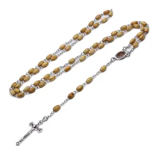 Fashion Handmade Round Bead Catholic Rosary for Cross Religious Wood Beads Men Necklace Charm Gift