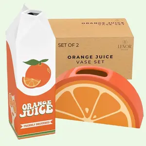 Lenor Decor - Orange Juice and Orange Wedge Vase Set -Retro Vibes Unleashed: Get Funky with Our 70s & 80s Inspired Juice Carton Vase Set Ceramic Decorative Kitchen Entryway