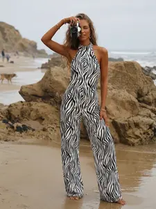 Women's Halter Neck Zebra Print Wide Leg Jumpsuit, Sleeveless Pocketed High Waist, Backless Loose-Fitting Casual Style for Party Vacation
