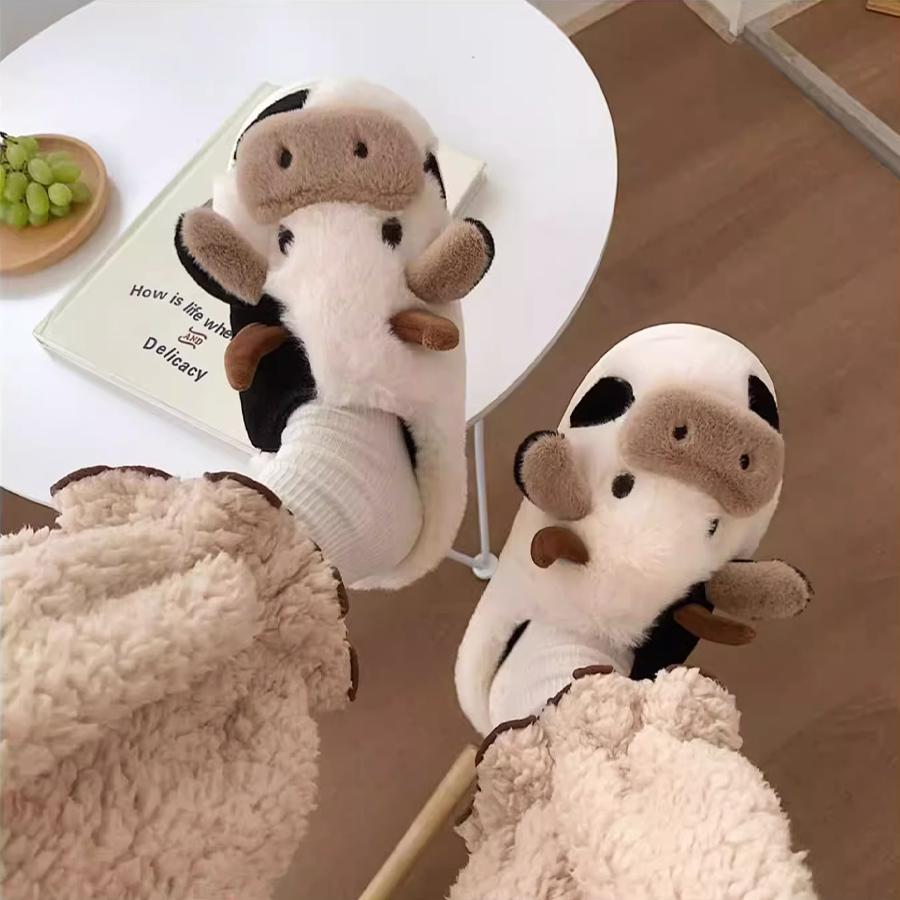 Cute Cow House Slippers for Couple, Kawaii Fuzzy Cozy Funny House Shoes, Cartoon Animal Design Plush Fluffy Slippers for Women & Men, Silent Anti-slip Slippers, Matching Trendy Warm Slippers