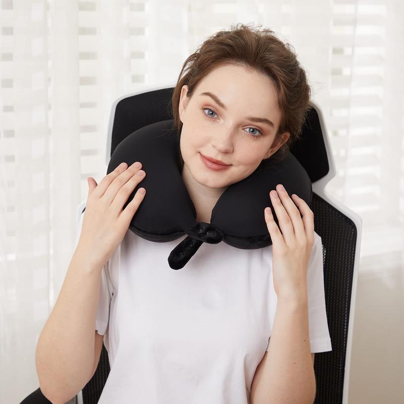 Travel Neck Pillow for Head Support - Best Memory Foam Airplane Pillow for Plane, Car & Home Recliner Use (Black)