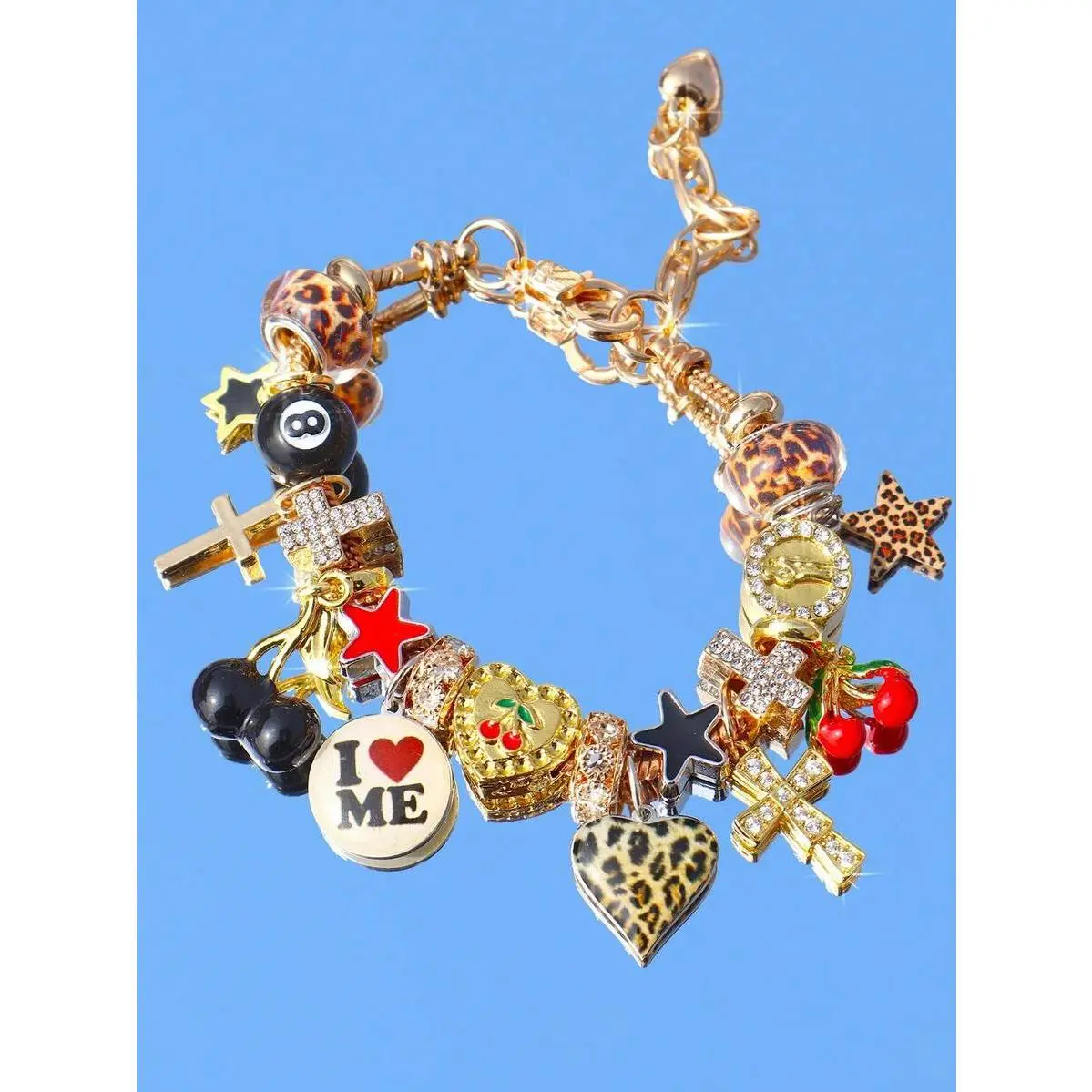 Women's Y2K Punk Whimsical Charm Stretch Bracelets - Gold-Tone Non-Magnetic Bakelite Beaded Accessories for Women, Adjustable Funky Unique Jewelry with Cherry, Leopard Star, 8-Ball, Cross, Heart Jade Pendants, Streetwear Couple Gift,Merry,forever