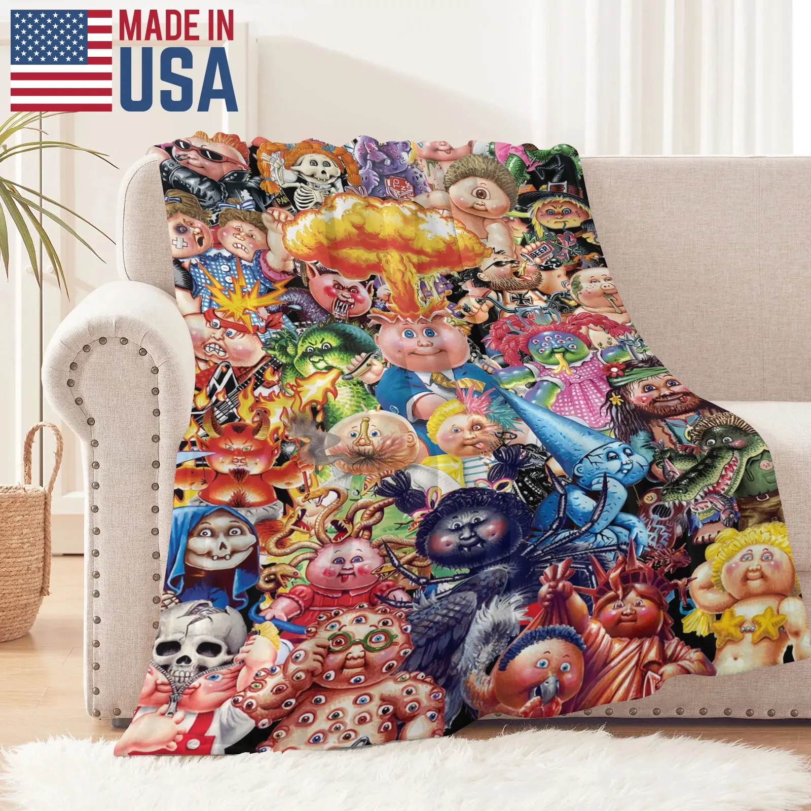 Vintage Garbage Pail Kids Retro Classic Cartoon Print Plush Throw Blanket - High-Density Multicolor Grotesque Creature Design, Cozy Warm for Home Sofa Bedding & Linens, Couch Decor
