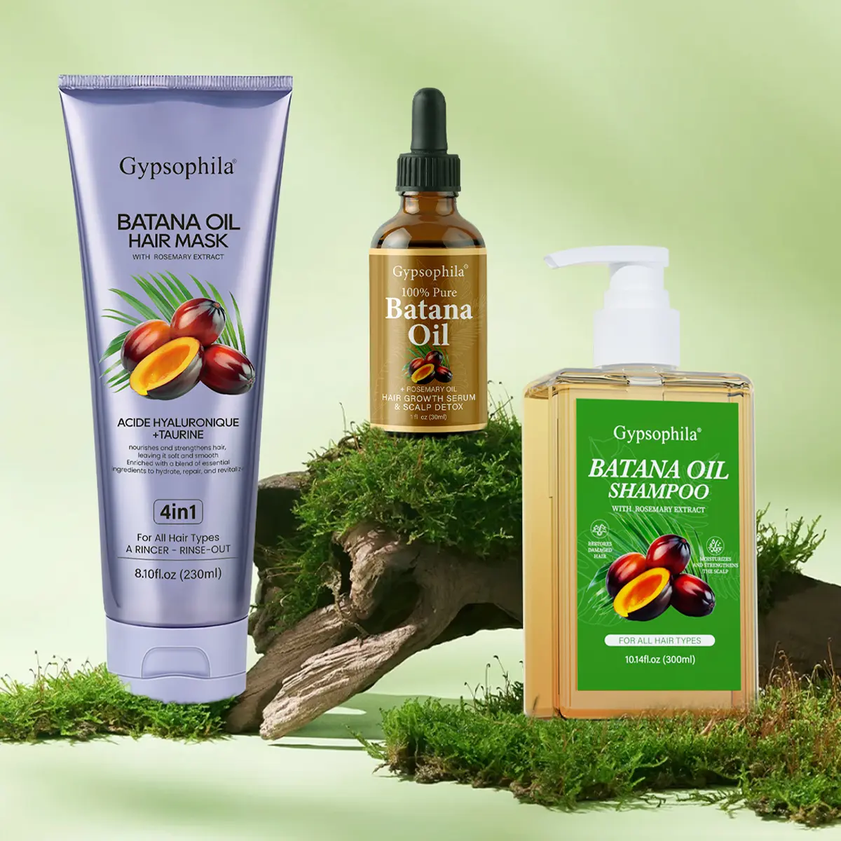Gypsophila 3-Step Anti-Hair Loss Repair Haircare Set (Multi-Pack) - Batana Oil Shampoo, Hyaluronic Acid Conditioner, Rosemary & Taurine Mask - Helps Reduce Shed, Hydrate & Repair, Root Strength Boost, Nourish, Add Volume for Adult Scalp Care