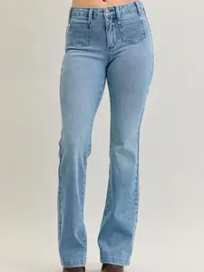 Judy Blue Full Size Mid Rise Bootcut Jeans with Contrast Wash & Front Patch Pockets Plus Size