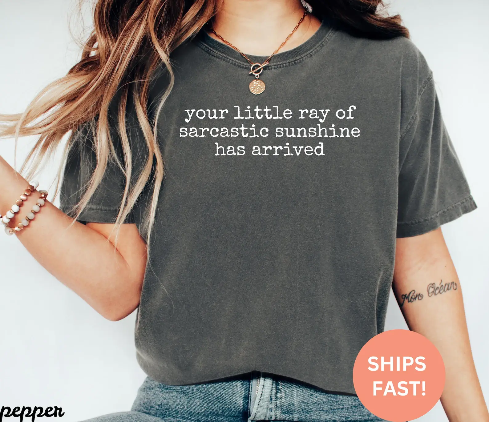 Your Little Ray Of Sarcastic Sunshine Has Arrived Graphic T-Shirt, Vintage Typewriter Font Funny Slogan Short Sleeve Tee, Women Pepper Comfort Color Casual Top
