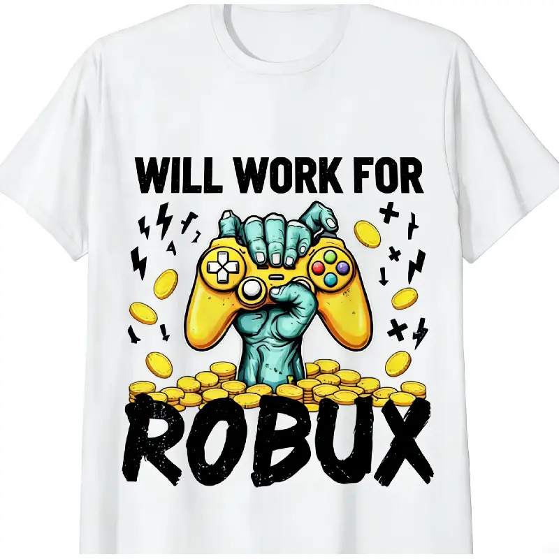 🎮💰[Graphic Tee]"Black T-Shirt with Will Work for Robux Gamer Controller & Coins Print – Fun Graphic Tee for Roblox Enthusiasts, Casual Gamer Shirt, Trendy Gaming Apparel, Perfect Gift for Roblox Fans and Players, Comfortable & Stylish"