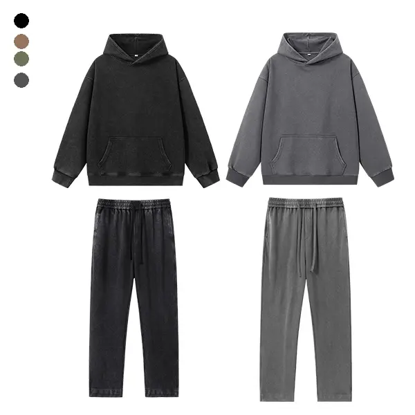 Men’s autumn heavyweight washed vintage streetwear set, unisex, relaxed pullover sweatshirt + washed sweatpants, soft and casual, a must-have for fall/winter, drop-shoulder design, comfortable and free-moving, tracksuit