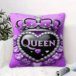 Glamorous Black Heart & Silver Crown Throw Pillow, 45cm Square Digital Print with Inner Cushion, Shiny Purple Gradient "QUEEN" Design with Sparkly Gems, Elegant Home Decor for Sofa and Bedroom, Perfect Gift for Royalty Lovers