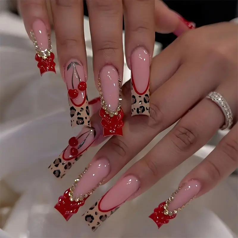 Girl's Long Ballerina Press-On Nails, French Tips Nails, Leopard French Tip, Summer Cherry Fashionable Rhinestone Decorated Design, Perfect for Dates and Parties