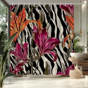 Floral Zebra Print Shower Curtain Elegant Lily Flowers And Striped Background Bathroom Decor Polyester Fabric Bath Curtain For Tub Separation  With 12pcs Hook