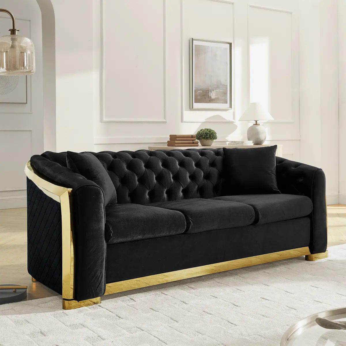 84" Mid-Century Modern Split 3-Seat Chesterfield Sofa (83.86x35.43x30.31 in, 149.00 lbs) - Non-Irritating Italian Velvet, Button Tufting, Curved Arms, Durable Foam, Gold Stainless Steel Decor, 2 Pillows, Wood Accents, Black Indoor Living Room Furniture, 8