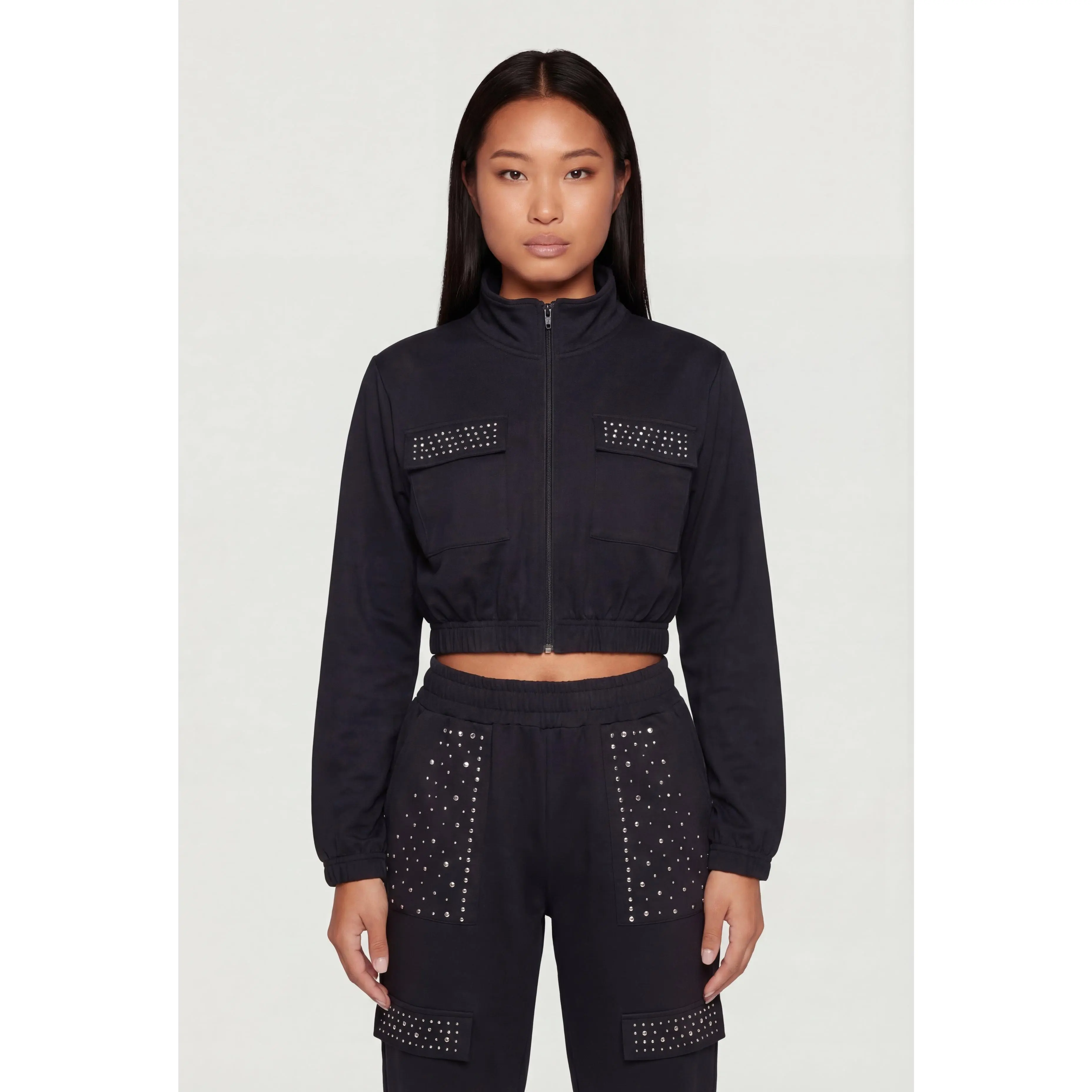Rhinestone Detail Zip Front Mock Neck Cropped Track Jacket