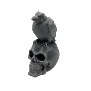 Skull and Raven Candle - Unique Design Featuring a Bird Perched on a Skull Shape