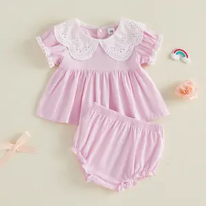 Infant Baby Girls Summer Shorts Outfits Short Sleeve Doll Collar Eyelet Tops PP Shorts Sets 3-24 Months