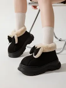 Women's Winter Outdoor Bow Knot Slipper, Fleece Lined Warm Thick Sole Comfortable Wear-Resistant Suede Velvet Shoes