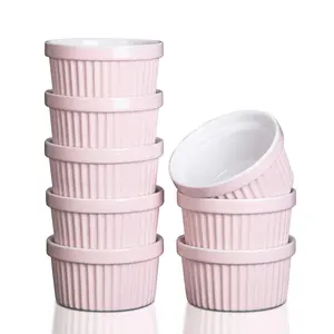 8 oz Ceramic Ramekins, Set of 8 Porcelain Creme Brulee Souffle Ramekins for Baking, Pudding Custard Cups, Dipping Sauces, Dishwasher and Oven Safe, White Pink