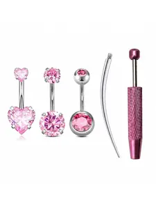 5pcs Set Belly Rings with Crystal Embedded Design, Stainless Steel Hypoallergenic Piercing Kit, Includes Thread Guide & Jewelry Grabber
