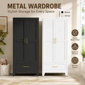 71" Metal Wardrobe with Drawers & Hanging Rod | Tall Freestanding Steel Armoire with Doors | Bedroom & Home Office Storage Closet
