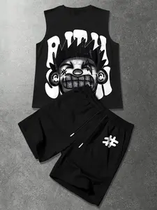 Trendy Dark Graffiti Style Suit, Unique Streetwear Look, Distressed Face Print, Perfect for Theme Events & Daily Wear