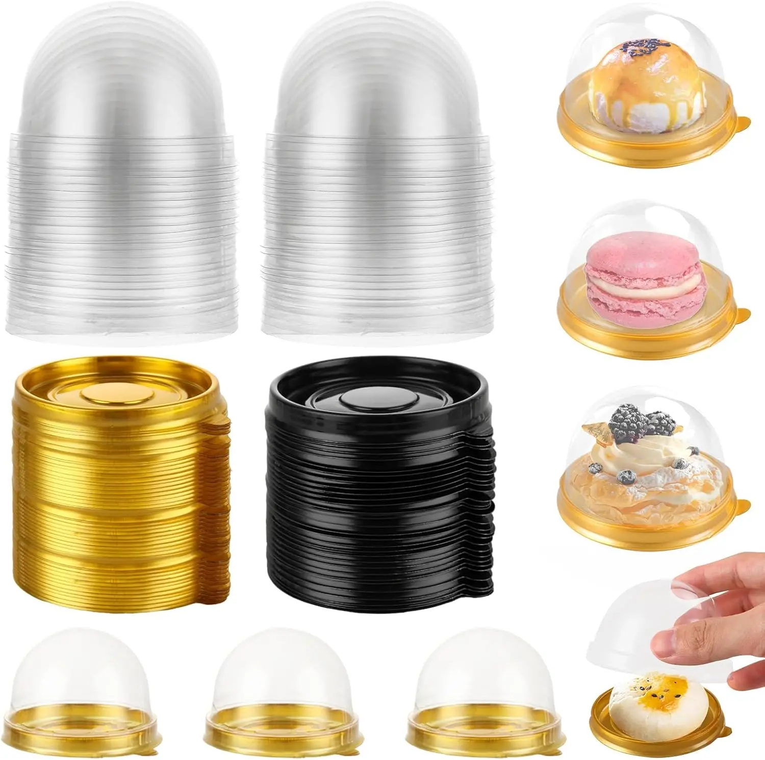 100Pcs Mini Cupcake Boxes with Sealed Lids - 2.76x1.77in Safe Plastic Transparent Baking Packaging, 50 Gold + 50 Black Bakeware Accessories, Wedding Supplies, Kitchen Organizers