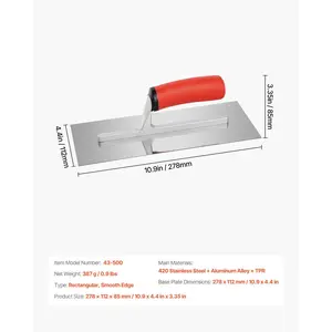 VEVOR Tile Tools, Stainless Steel Flat Finishing Trowel, 10.9x 4.4 in Concrete Cement Drywall Plastering Tile Masonry Construction Hand Tools with Handle, for Apply, Spread, Flatten, Smooth, Polish